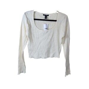 New Forever 21 Womens L White Long Sleeve Scoop Neck Cropped Waffle Knit Shirt